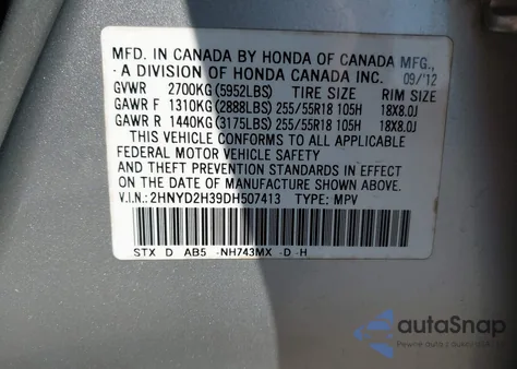 2013 Acura Mdx Technology Package z USA, uszkodzony, nr VIN 2HNYD2H39DH507413